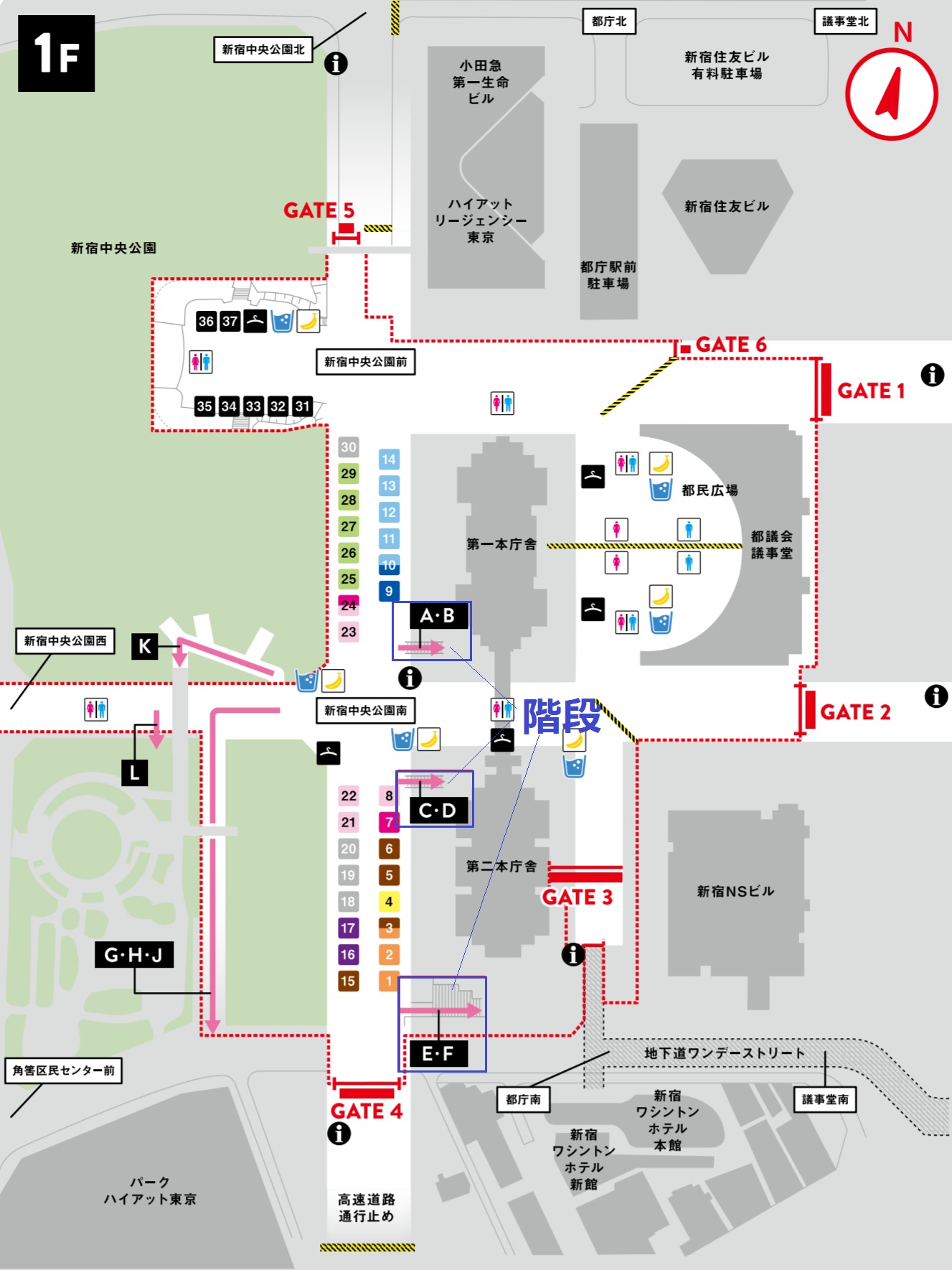 東京マラソンスタート地点 1階詳細マップ（GATE・更衣室・荷物預け・トイレ・給食・給水）